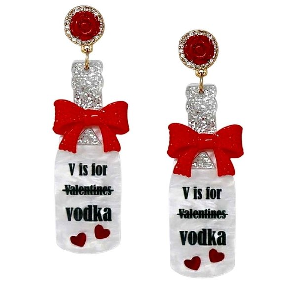 V is for Vodka Pink & White Earrings, Festive Fun Accessories - Picture 1 of 1
